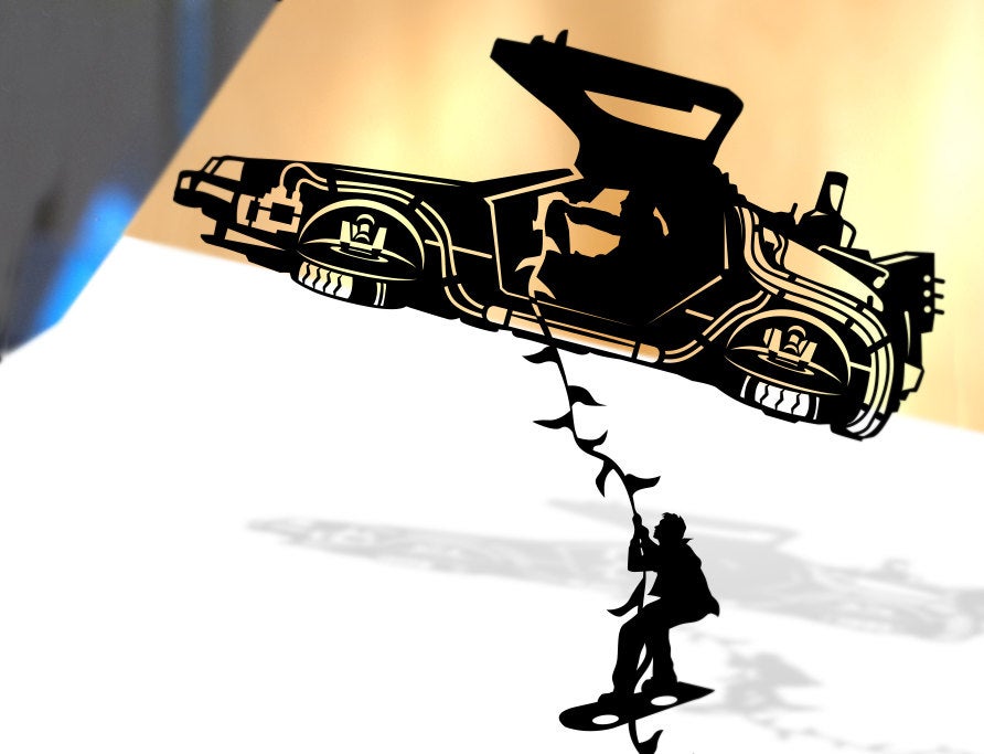UNFRAMED DeLorean Marty Escape - Back to the Future paper cut art