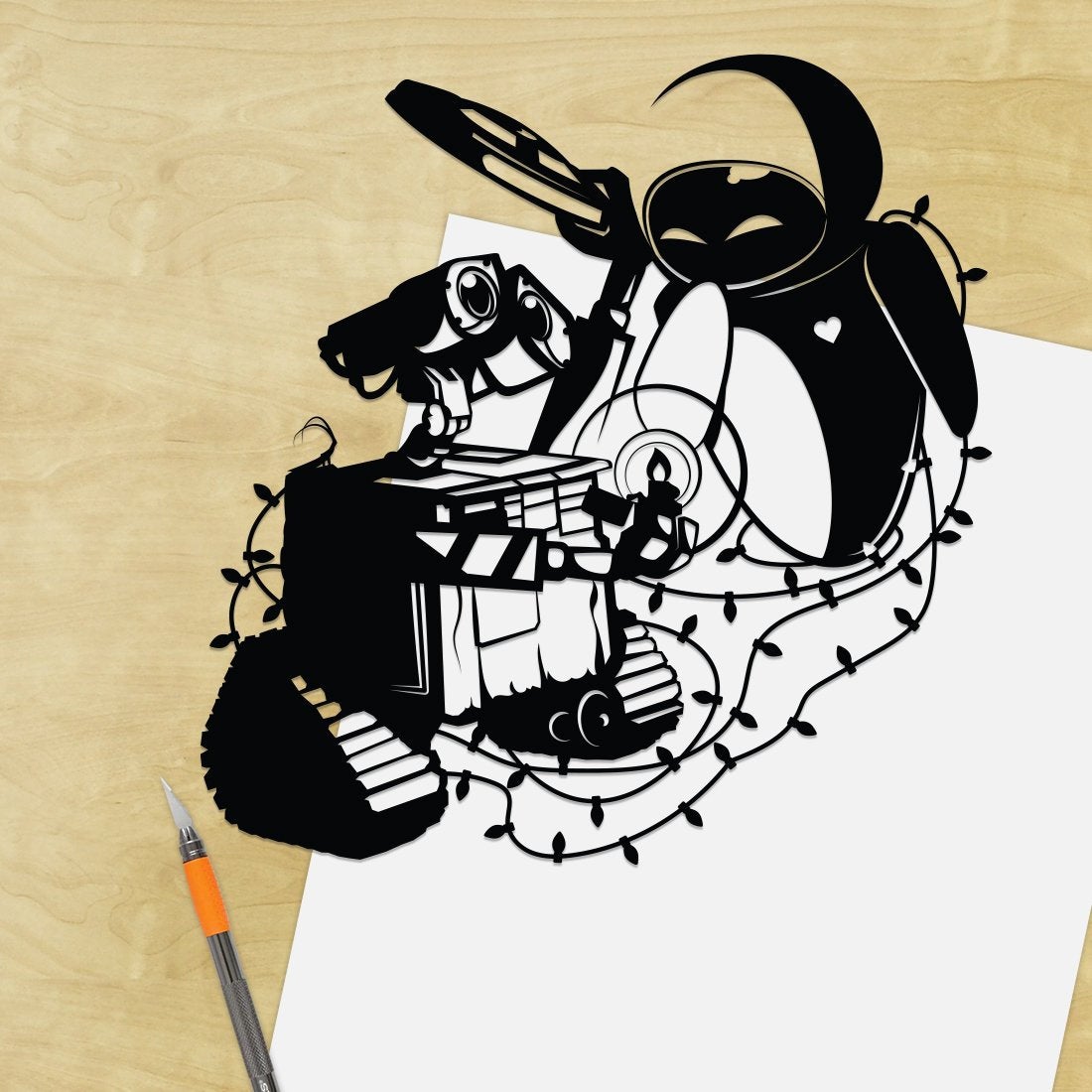 UNFRAMED Wall-E and Eve paper cut art