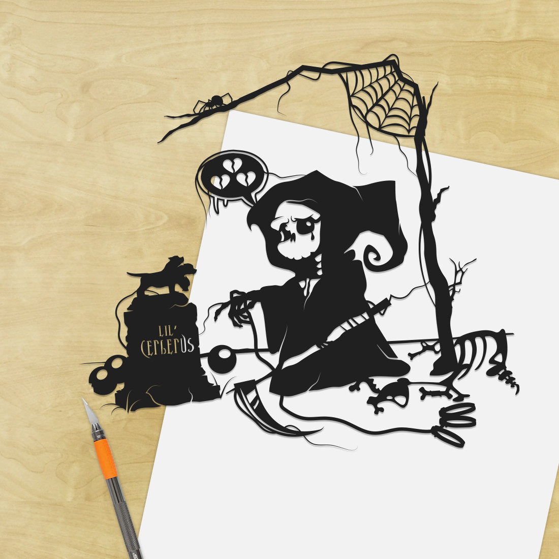 UNFRAMED Goodbye Lil' Cerberus paper cut art