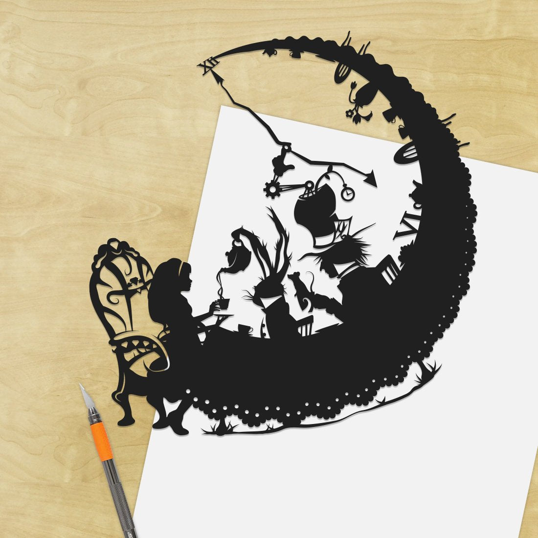 UNFRAMED Alice in Wonderland - Mad Hatter Tea Party paper cut art