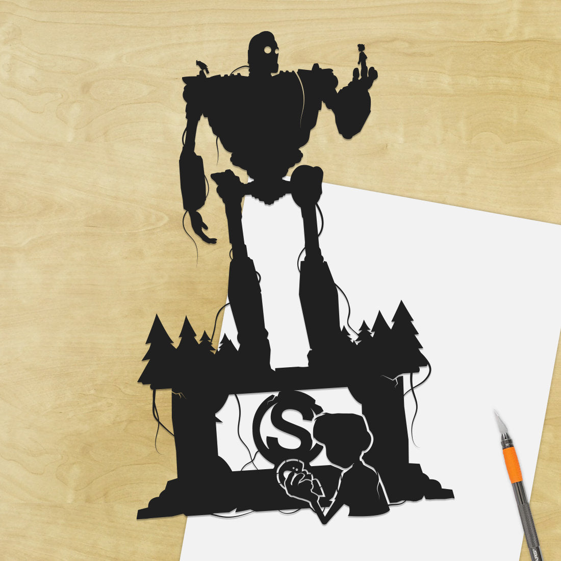 UNFRAMED Iron Giant and Hogarth paper cut art
