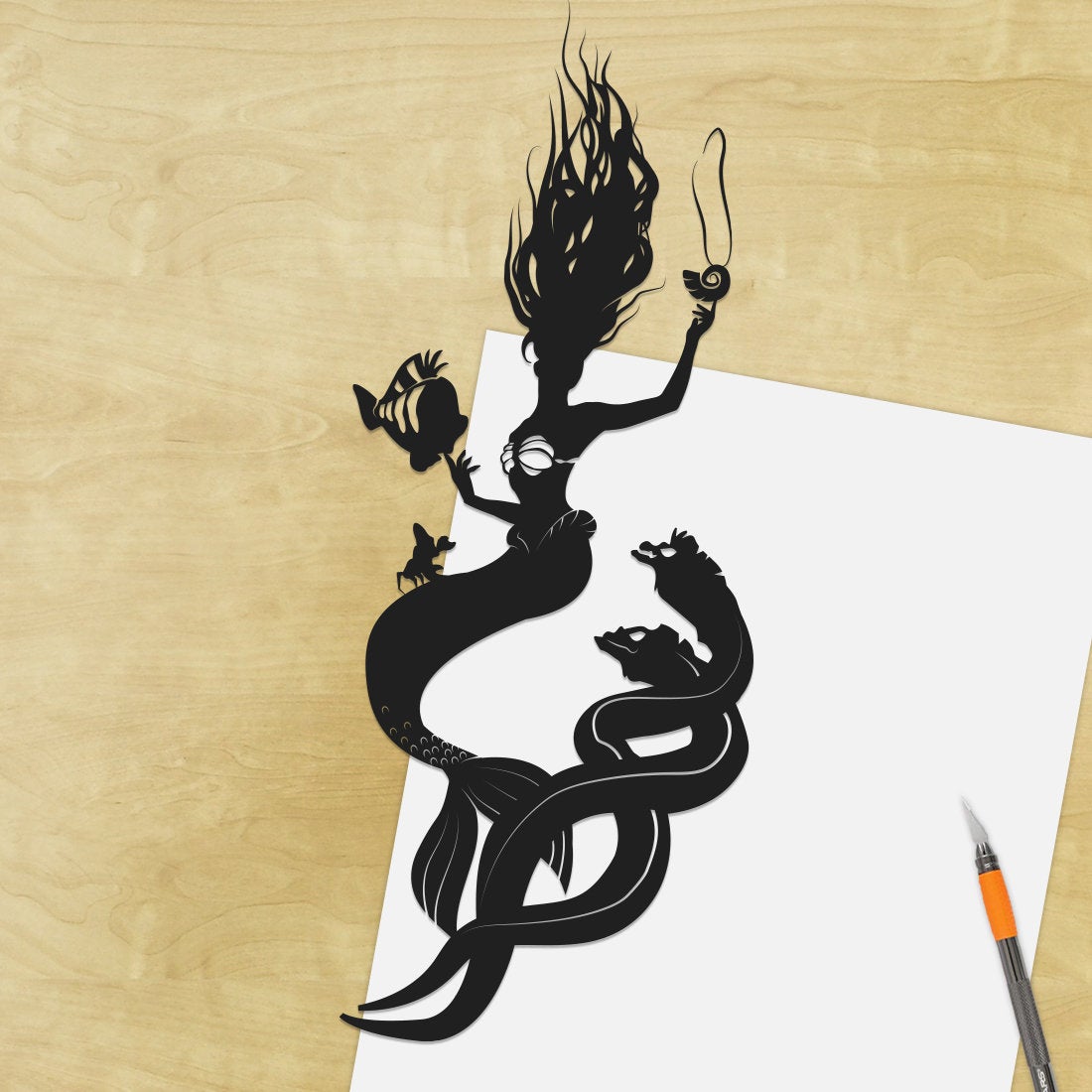UNFRAMED Little Mermaid paper cut art