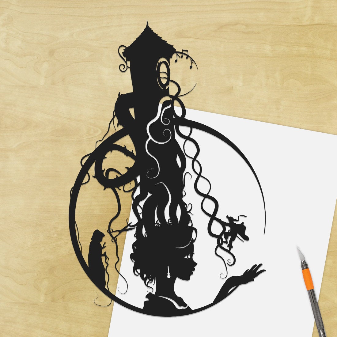 UNFRAMED Rapunzel Tower paper cut art