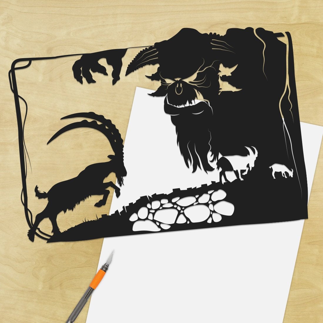 UNFRAMED Three Billy Goats Gruff paper cut art