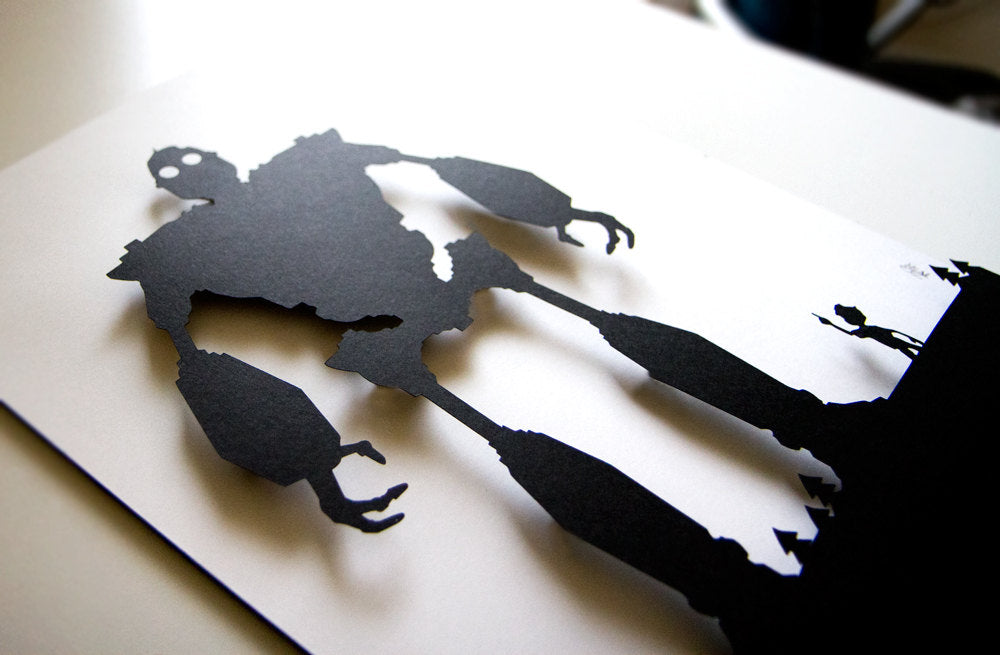 UNFRAMED Iron Giant and Hogarth paper cut art