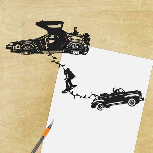 UNFRAMED DeLorean Marty Escape - Back to the Future paper cut art