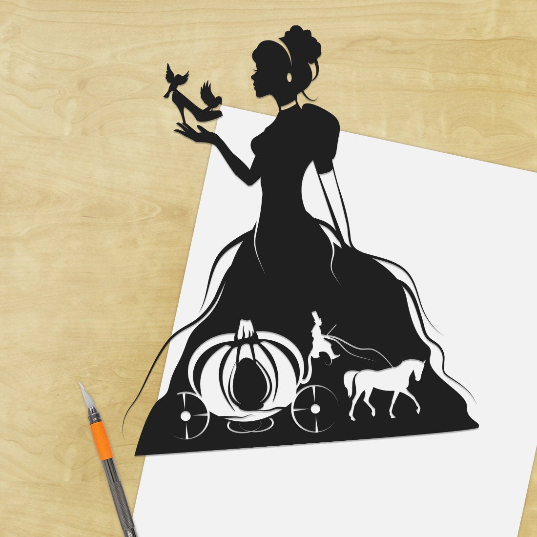 UNFRAMED Princess Cinderella paper cut art